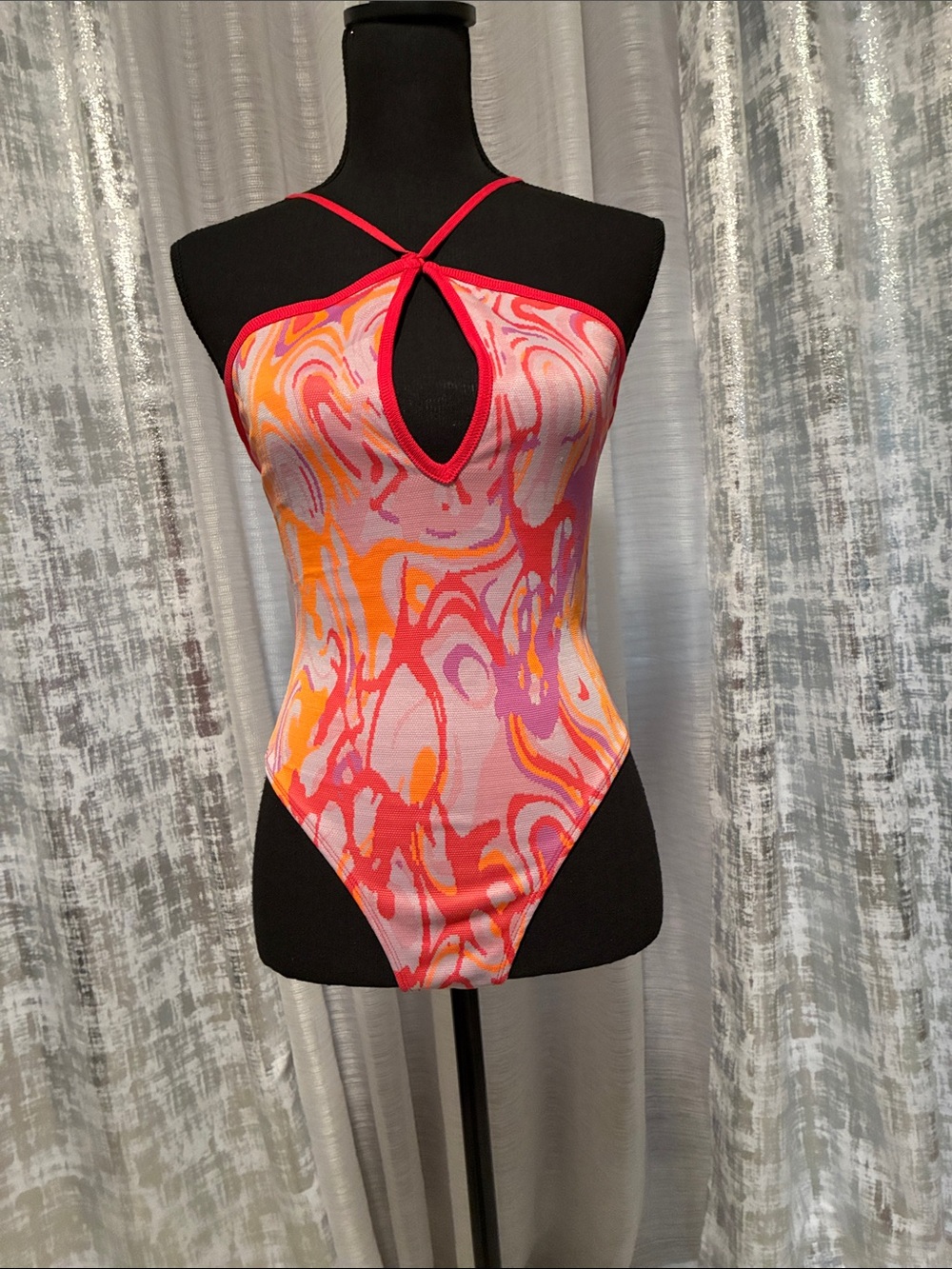 Zara Pink/Orange/Red Swirl Keyhole Halter Bodysuit -Small